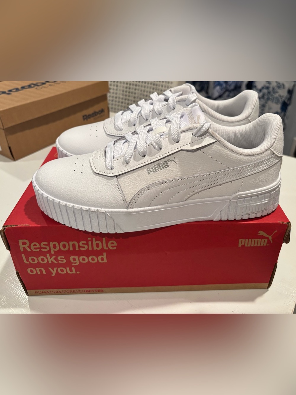 NIB PUMA Carina 2.0 White Silver Leather Platform Sneakers